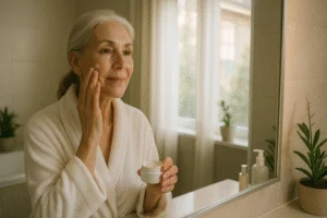 Mature woman in a white robe applying moisturizer to her face in a softly lit, modern bathroom with natural sunlight and skin care items on the counter.