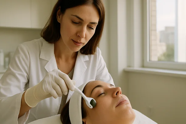 Dermatologist using a dermaroller during a microneedling procedure on a patient's face in a modern clinic setting.